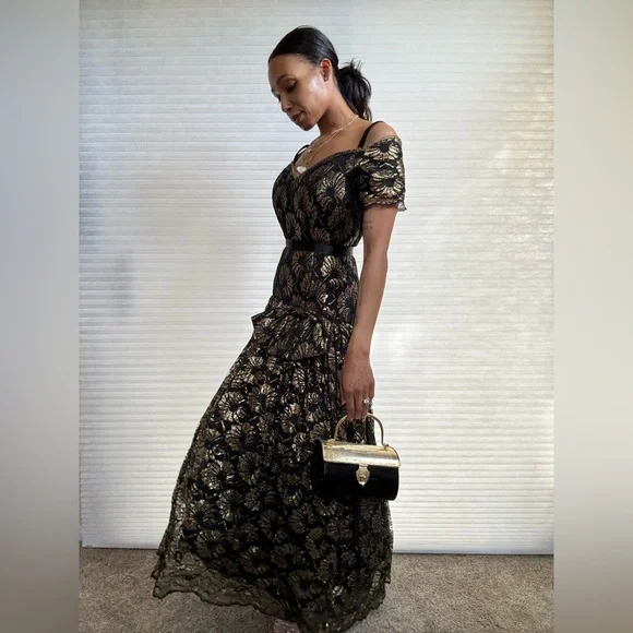 Vintage Saks Fifth Avenue “After Five” Gold & Black Lace Gown — Union Made - Picture 2 of 13